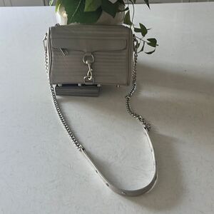 Rebecca Minkoff light gray moto leather bag with silver chain straps, crossbody